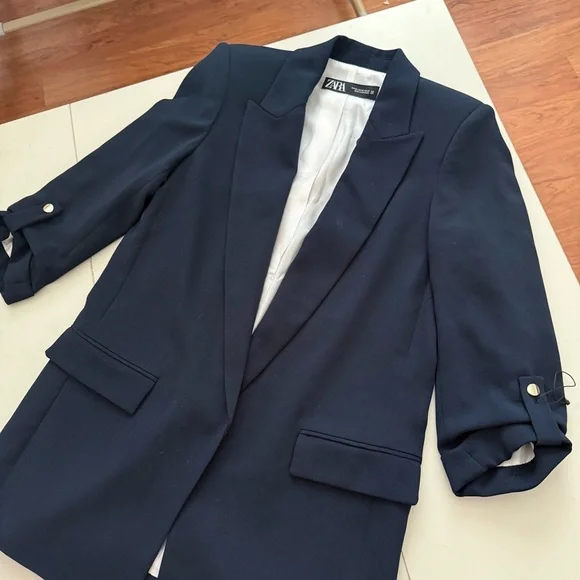 ZARA Navy Blue Open Front Blazer Jacket Preppy Quite Luxury XS Chic Office - Picture 3 of 5
